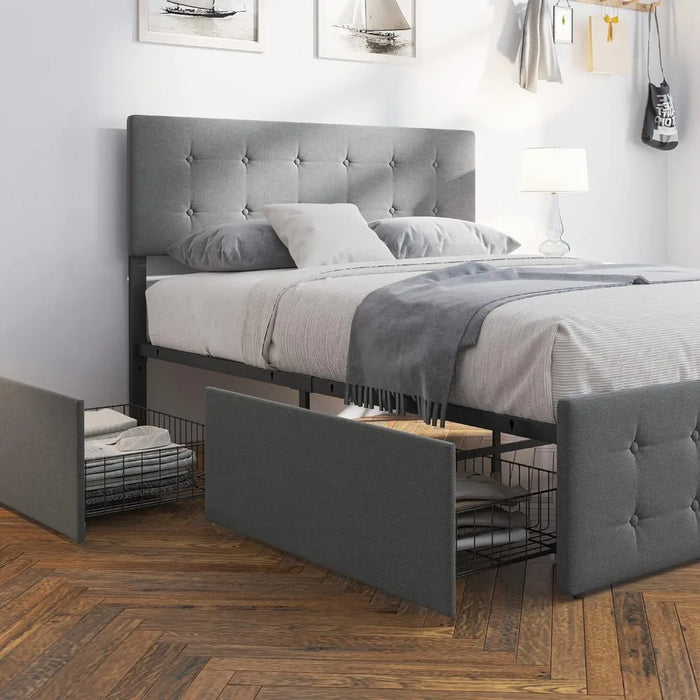Bedframe, storage space with headboard and 4 drawers, button cushioned mattress base with wooden support, springless, bed frame