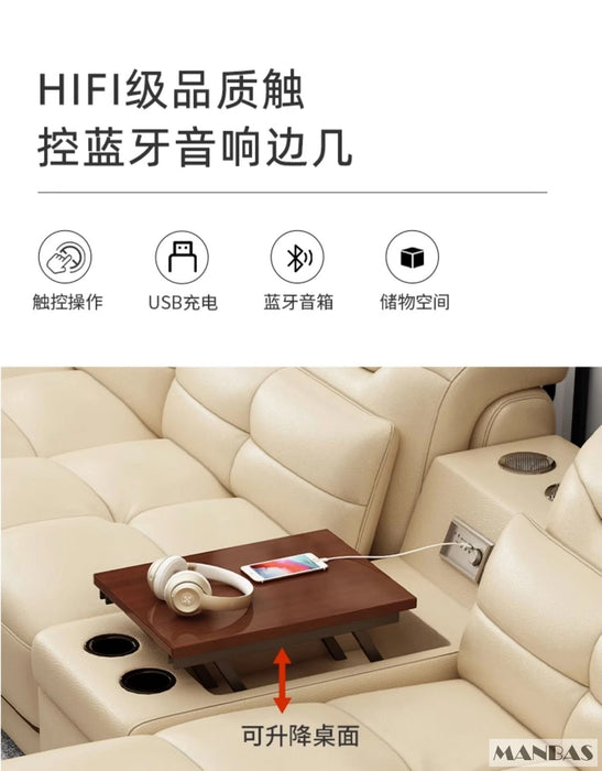 MINGDIBAO Modern Sectional Sofa Set with Cup Holder, USB, Adjustable Headrests & Bluetooth Speaker Living Room Couch with Stools