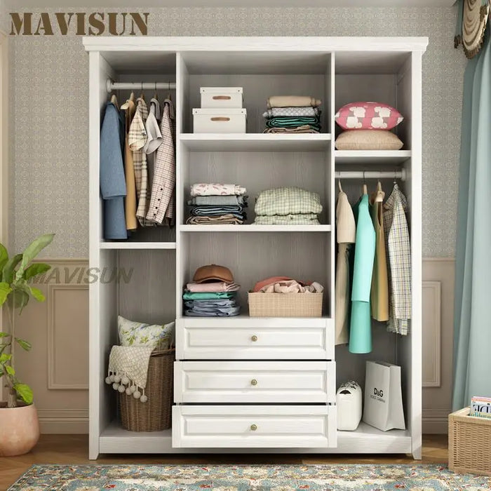 American Solid Wood Simple Bedroom Cupboard Cloakroom White Wardrobe Four-Door Large Closet Storage Cabinet Modular Shelves