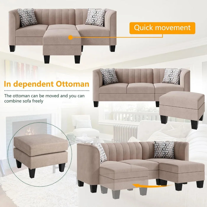 Upgraded Convertible Sectional Sofa Couch, 3 Seat L Shaped Sofa with High Armrest Linen Fabric Small Couch for Living Room Beige