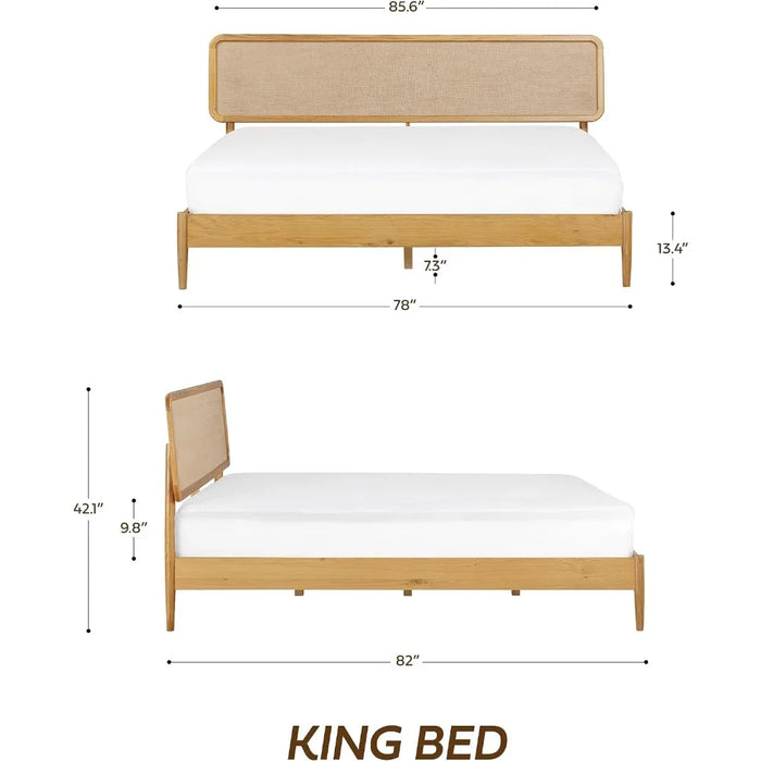 Bed Frame, Solid Oak Base with Silent Slats and Wooden Central Support, Wooden Bed Frame with Headboard