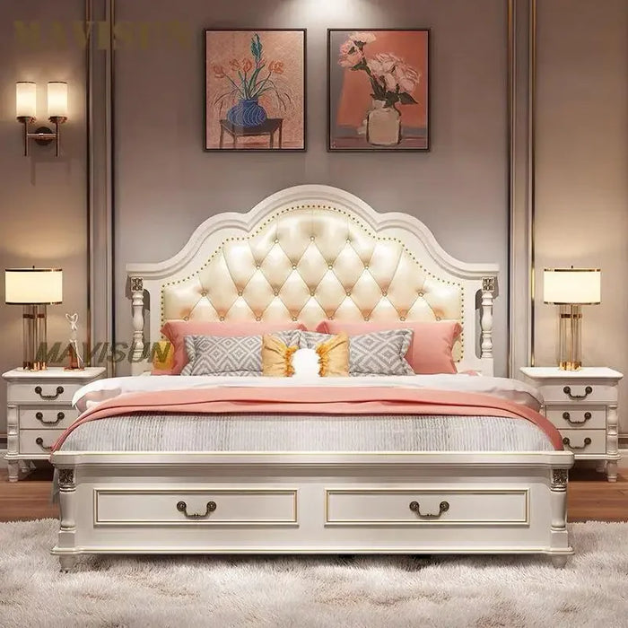 American Solid Wood Bed Double Wardrobe Dressing Table Bedroom Furniture Set Modern Simple Leather Bedside European Style Bed