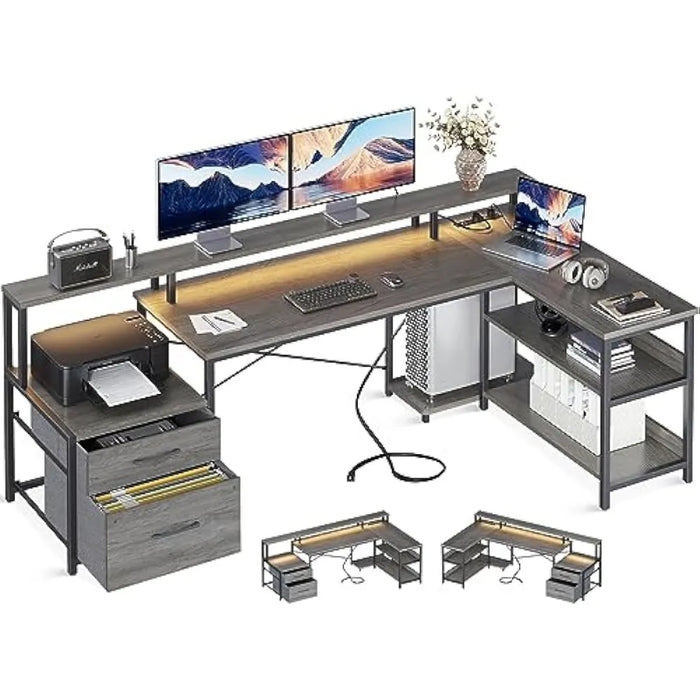 L Shaped Desk with File Drawer, 75" Reversible, with Power Outlet & LED Strip, Office Desk with Storage Shelves, Monitor Shelf