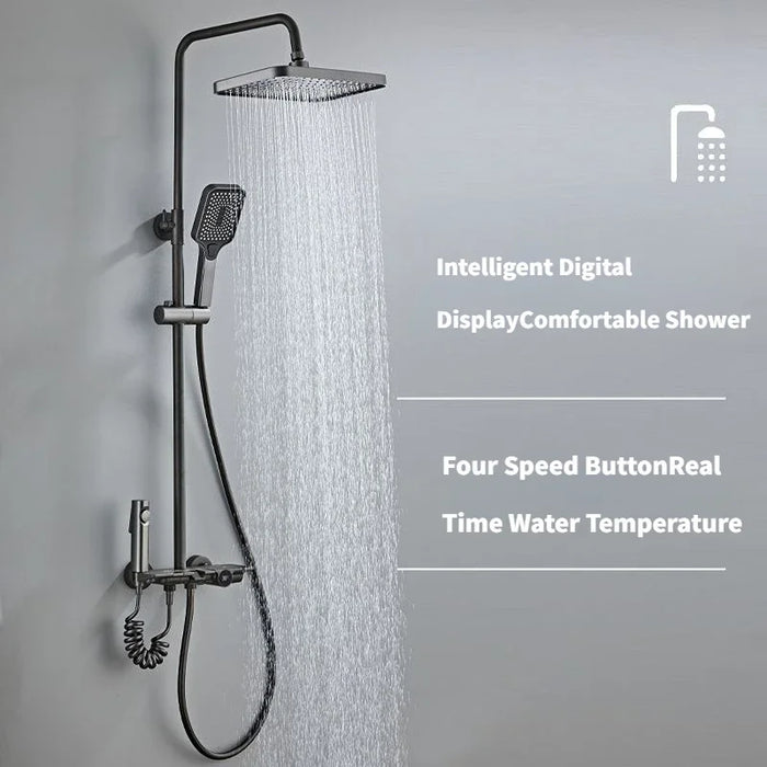 Bathroom Shower Full Set Black White Gray Bathtub Toilet System Rain Pressurized Digital LED Shower Sets Hot Cold Shower Faucet