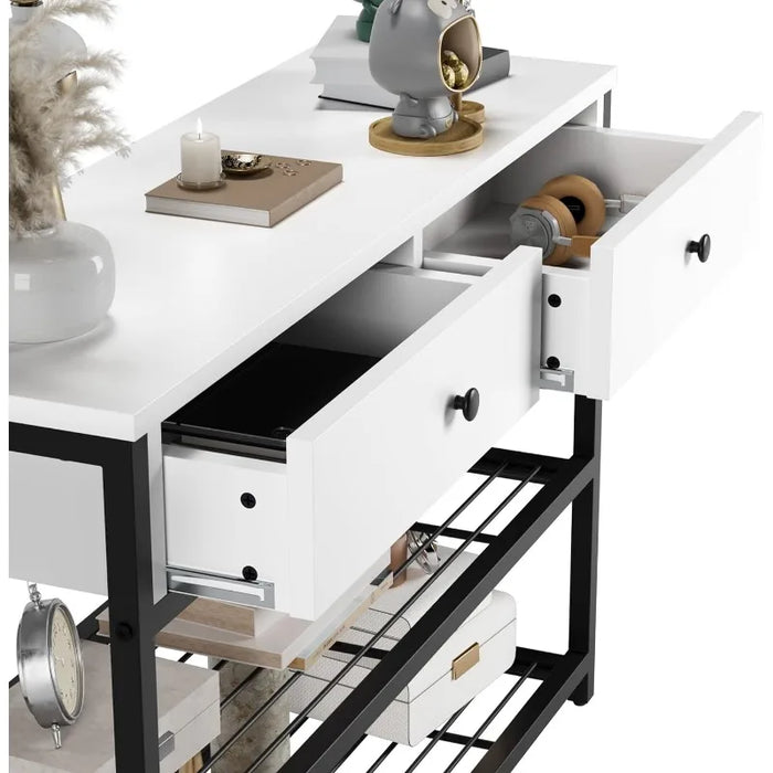 Senfot Console Table, Entryway Table with 2 Drawers and 2 Tiers Shelf Hallway Table, Entrance Table with Metal Frame, Sofa Table