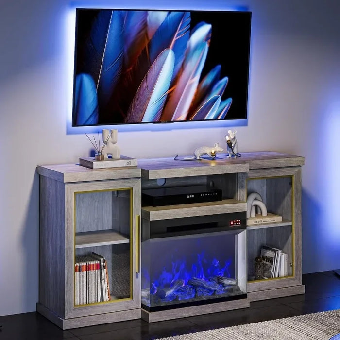 68" TV Stand with 23" Electric Fireplace, Entertainment Center for TVs Up to 75", Glass Door Storage Cabinet