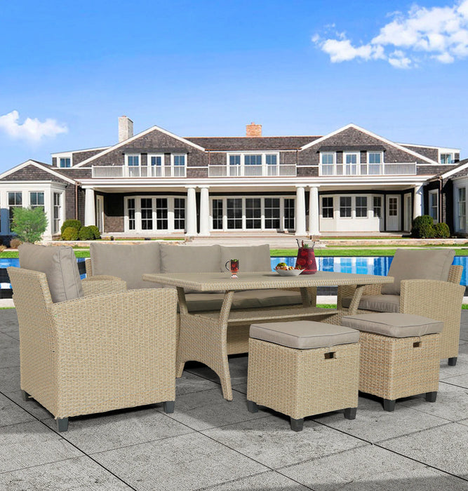 6 Piece Patio Furniture Set Outdoor Rattan Wicker Set Patio Garden Backyard Sofa, Chair, Stools and Table