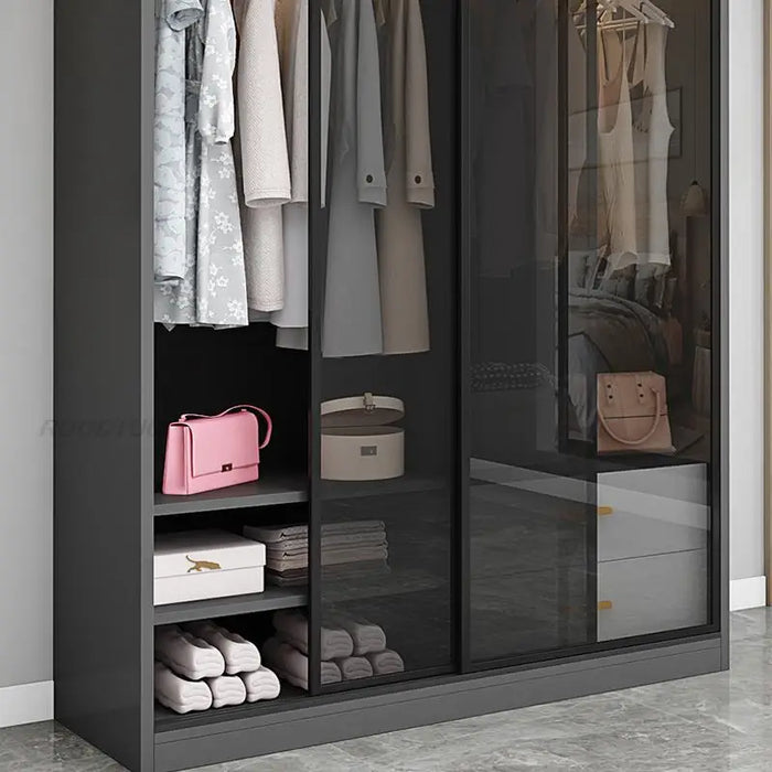 Luxury Wood Closets Italian Clothes Cabinet With LED Light And Storage Drawers Transparent Glass Sliding Door Bedroom Wardrobes