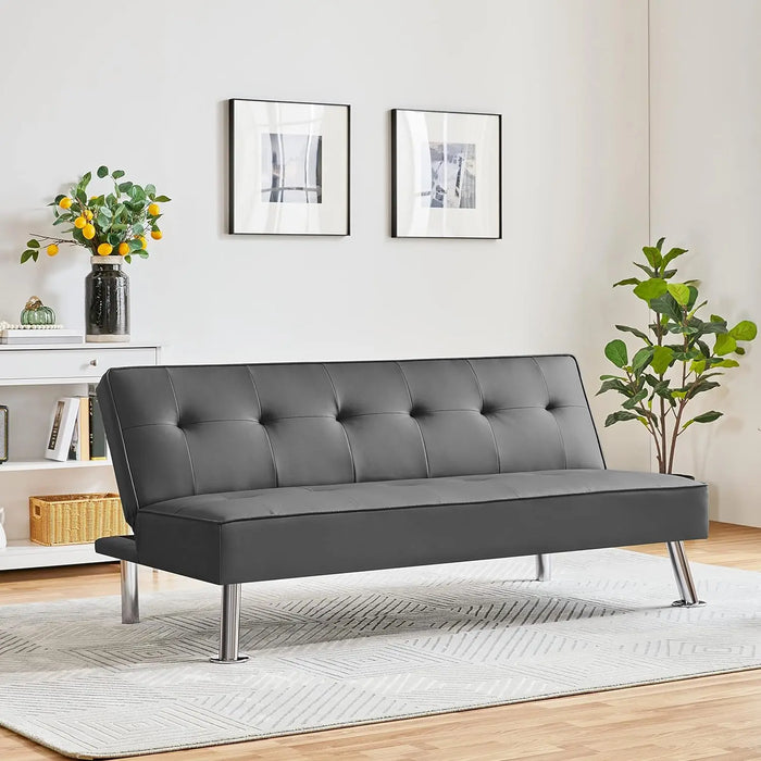 Convertible Sofa Couch Futon Bed Faux Leather Sofa Bed Sleeper Adjustable Loveseat Futon Couch Living Room Furniture with Chrome