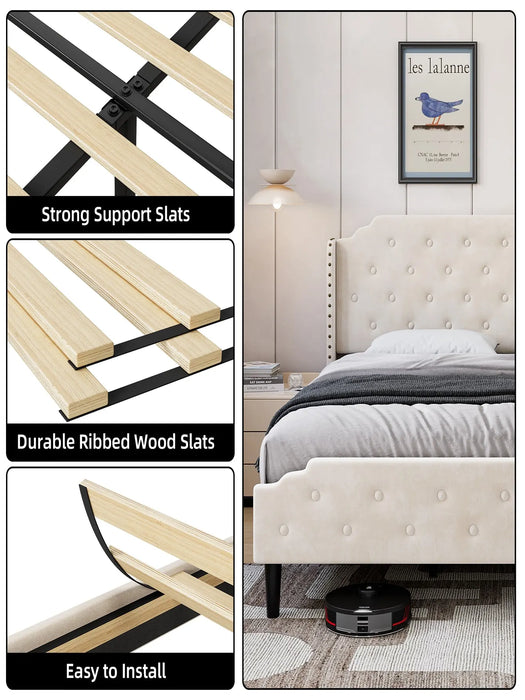 King Bed Frame, Velvet Platform Bed Frame with Headboard, Upholstered Bed Frame with Rivet Wingback Headboard