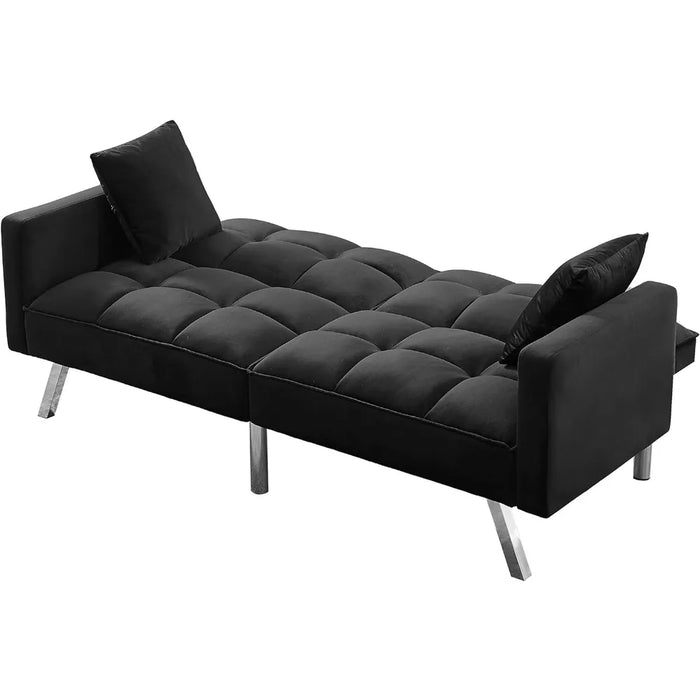 Modern Tuft Futon Couch Convertible Loveseat Sleeper Reclining Sofa Bed Twin Size with Arms and 2 Pillows for Living Room, Black