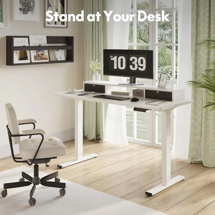 FLEXISPOT Electric Standing Desk with Drawer Solid One-Piece Adjustable Height Desk with Storage Shelf Ergonomic Monitor Stand