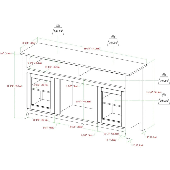 TV cabinet, farmhouse glass door Highboy fireplace TV bracket, suitable for 65 inch TV storage cabinet