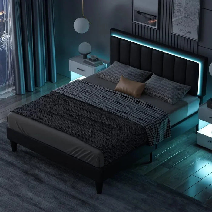 Bedroom bed frame, adjustable headboard and footrests, heavy-duty plank support, king-size upholstered leatherette bed