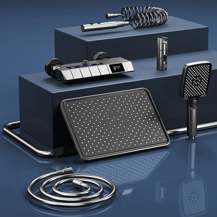 Atmosphere Lamp Shower System Full Set Bathroom Rainfall Shower Faucet Set LED Smart Thermostatic Bathtub Hot and Cold Mixer Tap