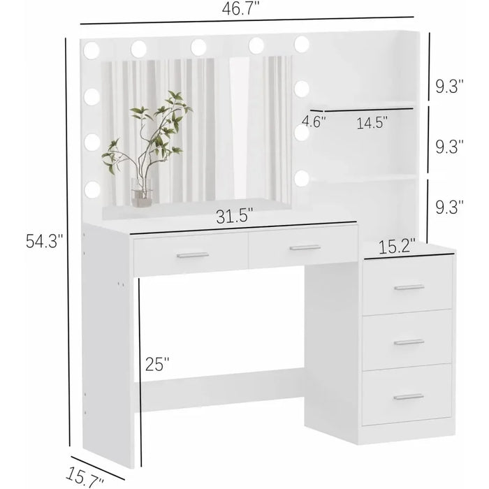 Bedroom Dressing Table, with Lighted Mirror, Vanity Desk with Storage Shelf & 5 Drawers,11 LED Lights, 46.7" Makeup Vanity Table