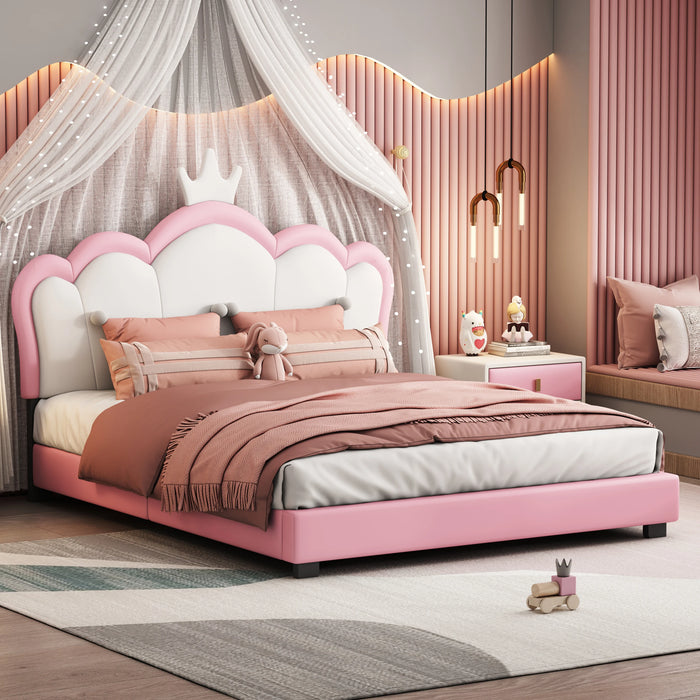 [Flash Sale]Full/Twin Size Upholstered Princess Bed With Crown Headboard&Footboard PU Platform Bed Frame White+Pink[US-W]
