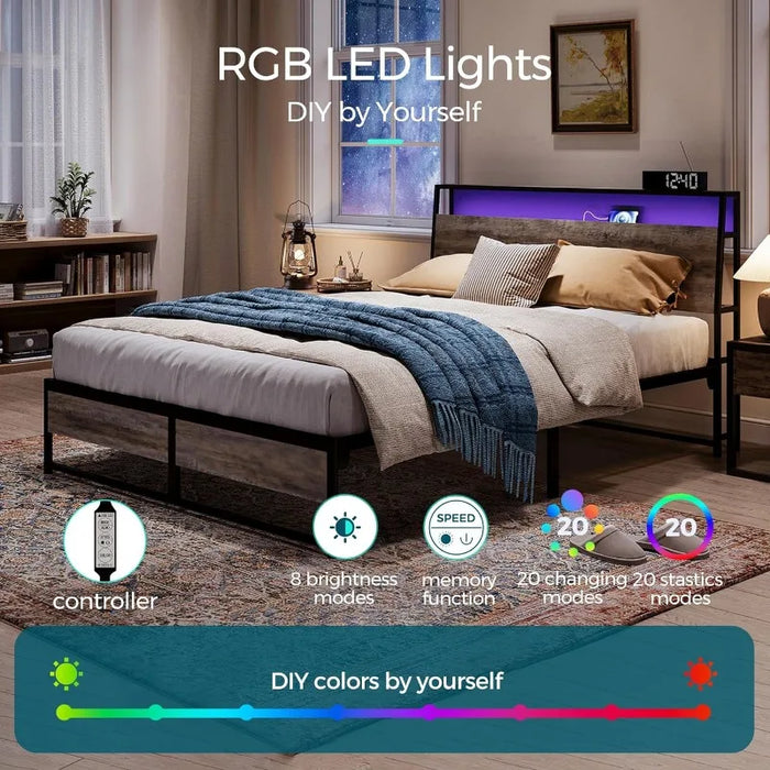 LINSY Full Bed Frame with Storage Ergonomic Headboard 14 Inch Fast Assembly Metal Bed with Lights Outlets & USB Full Size US