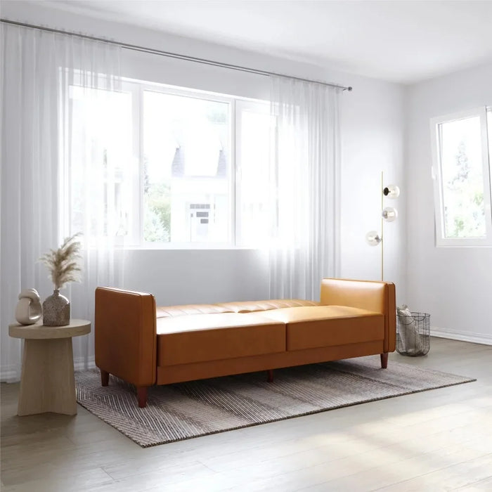 Living Room Tufted Transitional Futon Sofa, with 2 Seats, Camel Faux Leather Sofa Bed