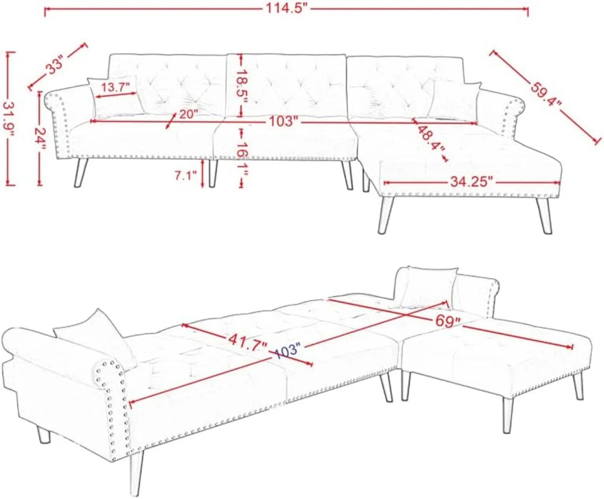 KoiHome Sectional Sofa Right Hand Facing Velvet Button Tufted L Shape Chaise with Nail Head Detail Conical Wood Leg 2 Pillows