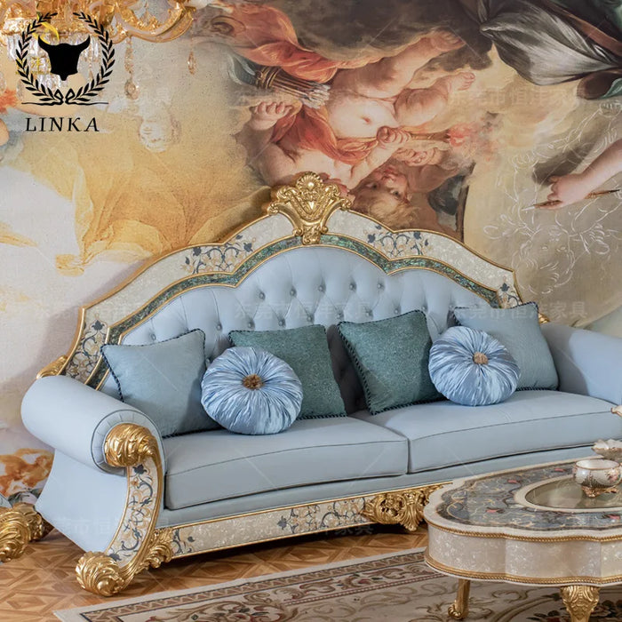 French  Luxury Shell Mosaic  and Tea Table Combination European Fabric Solid Wood Carved Sofa  FurnitureCloth art embroidery