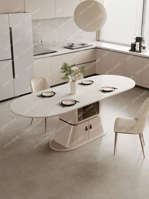 Stone Plate Kitchen Island Dining Table Integrated Retractable White Oval Household Dining Tables and Chairs