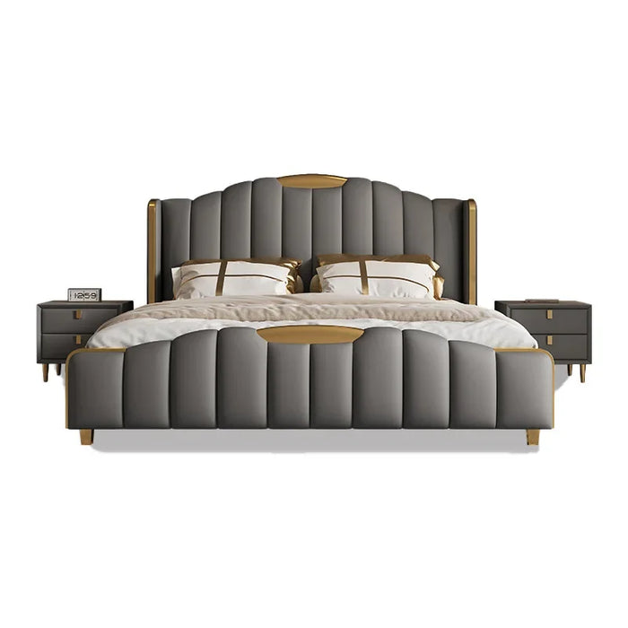 Italian minimalist leather bed, modern minimalist master bedroom king bed, bedroom size double bed, light luxury high-end bed