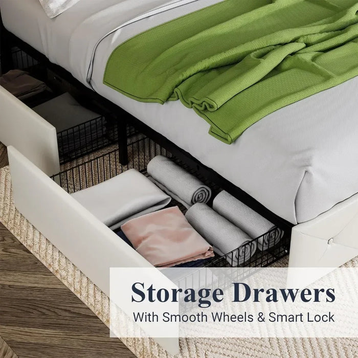 Bed FrameUpholstered Full-size Platform Bed Frame With 4 Storage Drawers And Headboard With Mattress Base Supported By Wooden Sl