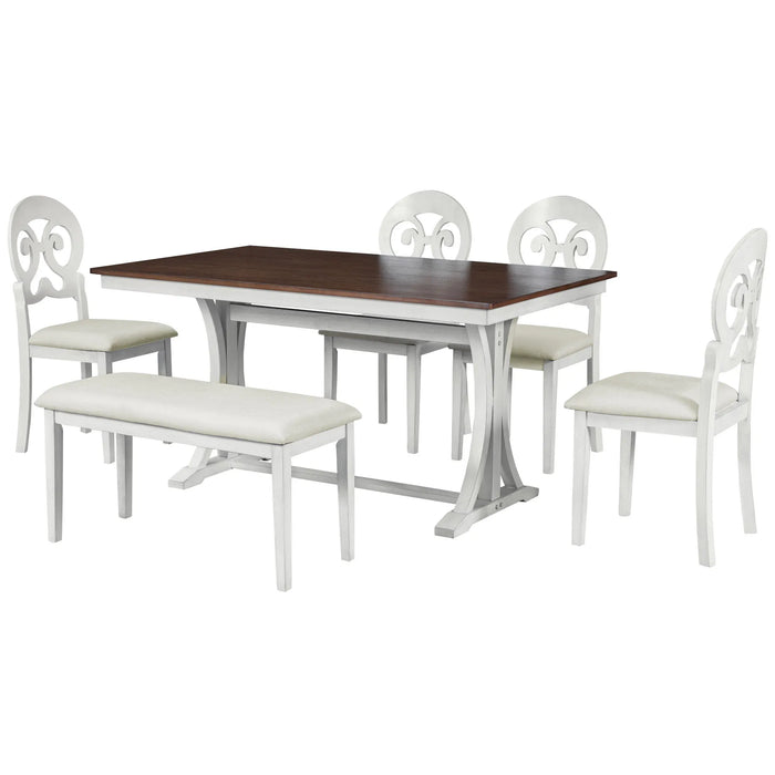Mid-Century 6-Piece Trestle Table Set with Victorian Round Upholstered Dining Chairs and Long Bench