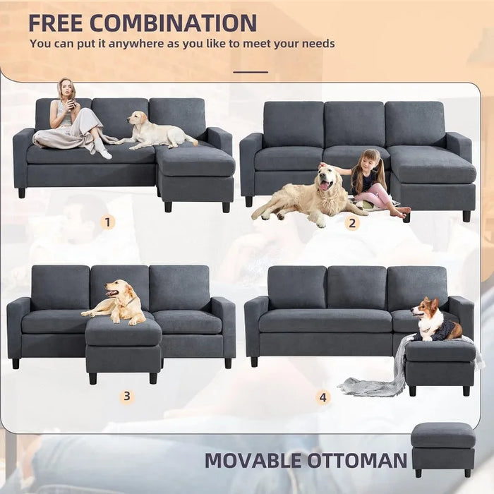 Shintenchi Convertible Sectional Sofa , Modern Linen Fabric L-Shaped Couch 3-Seat Sofa Sectional with Reversible Chaise