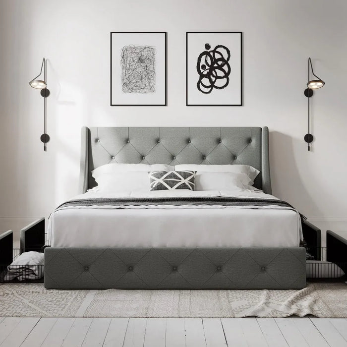 Button-tufted Design Queen Bed Frame With 4 Storage Drawers and Wingback Headboard No Box Spring Required Bedroom Furniture Base