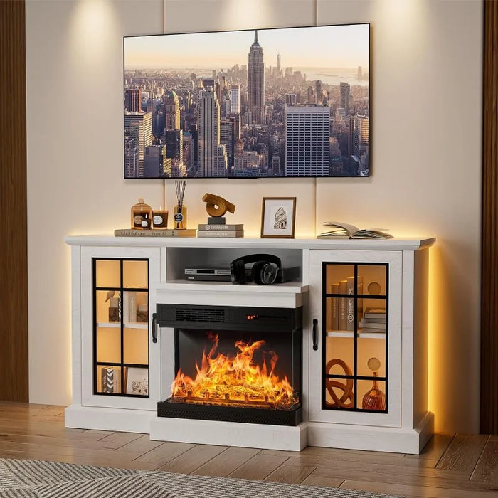 59'' Fireplace TV Stand,3-Sided Glass Media Entertainment Center Console Table for TVs up to 65'' with Glass Door Closed Storage