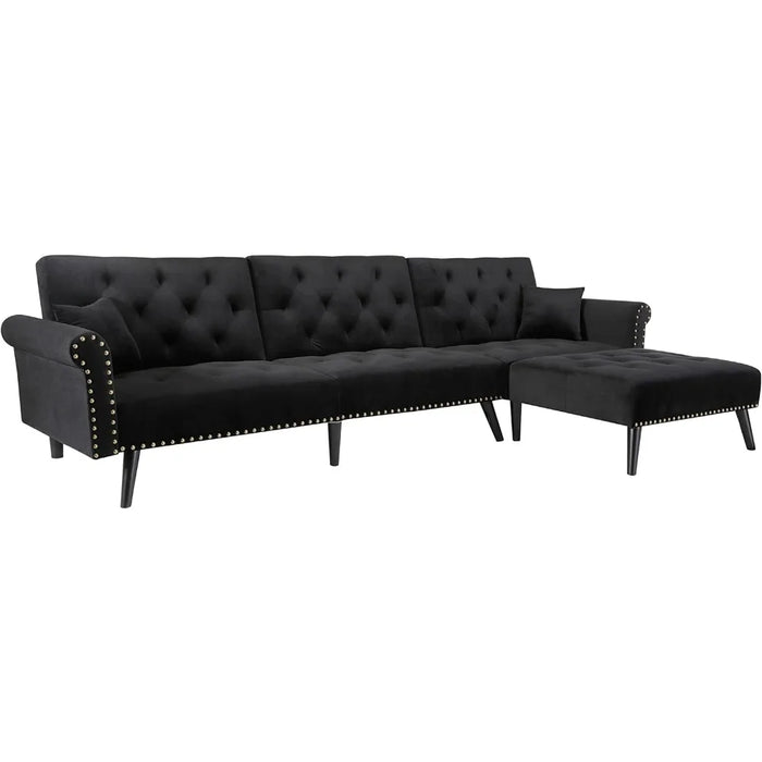 Velvet Convertible Sleeper Puffs Sofa Living Room Sofas Button Tufted Sectional Futon Sofa Bed Black Air Single Modern Furniture