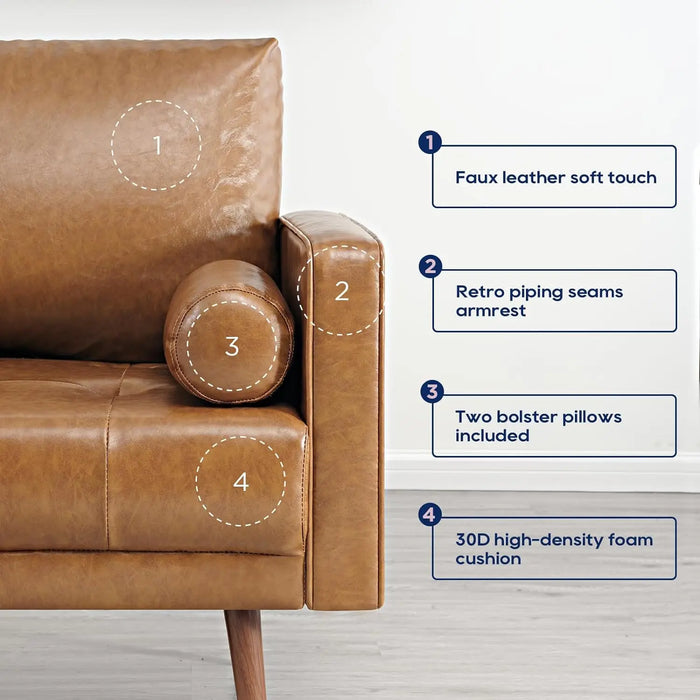 56" Loveseat Small Couch, 2 Seater Sofa Faux Leather Couch with Hand-Stitched Cushion and Bolster Pillows for Living Room