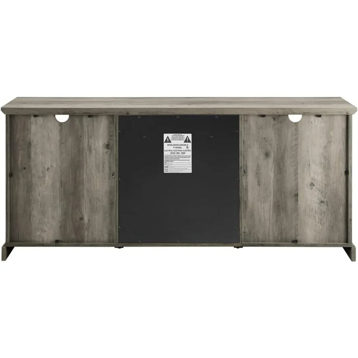 TV cabinet, wooden and glass fireplace TV stand with 2 cabinet doors, suitable for gray TVs up to 65 inches and 60 inches