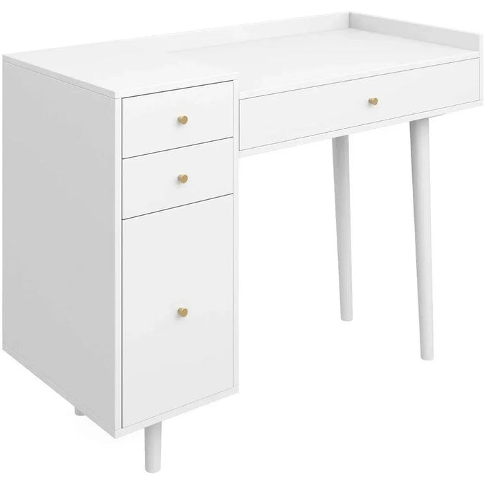 Dresser or vanity table with 4 drawers and brass-trimmed knobs, white wood