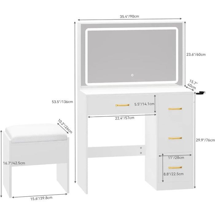 Makeup Vanity Desk with Large Lighted Mirror with Power Outlet and LED Strip, Milky-White