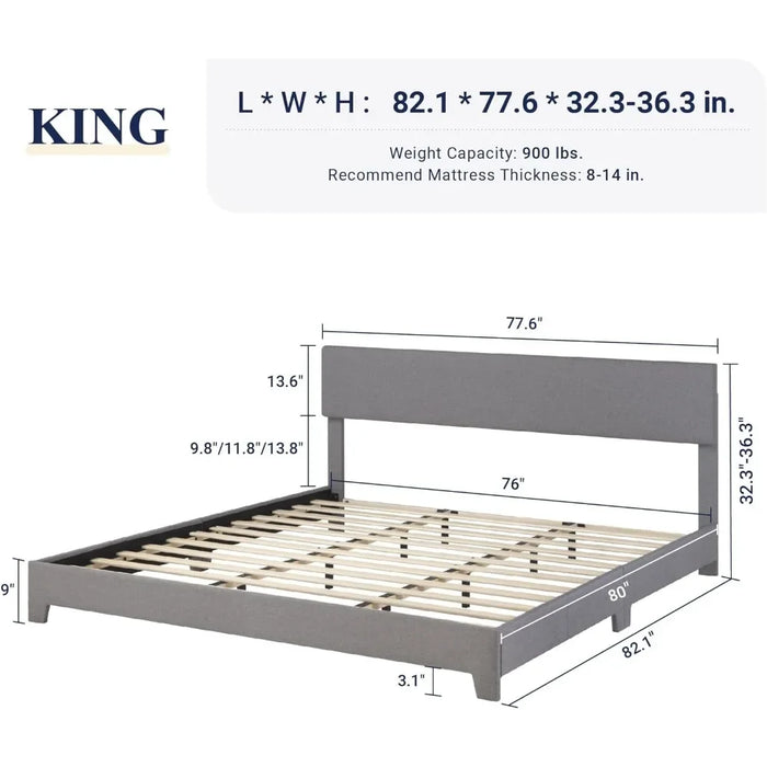 King Size Platform Bed Frame With Adjustable Upholstered Headboard Easy Assembly Heavy Duty Mattress Foundation Noise-Free Home