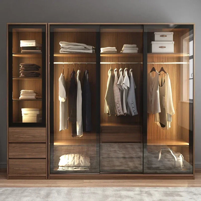 Simple Modern Storage Wardrobe Drawers Hanging Rail Cabinet Glass Sliding Door Bedroom Space Saver Ropero Household Products