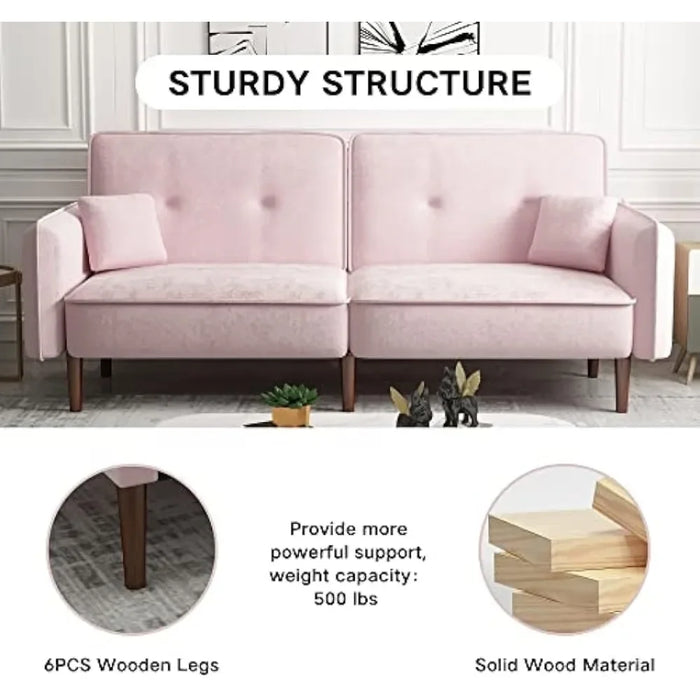 Leisure Velvet Futon Sofa Bed with Adjustable Back, Convertible Sleeper Couch Chaise with 2 Pockets, Upholstered Loveseat, Pink