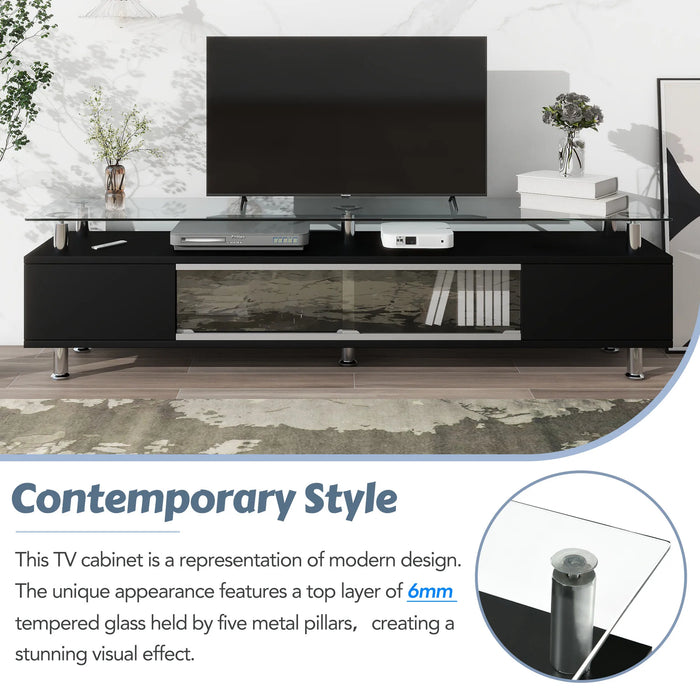 Sleek Design TV Stand with Silver Metal Legs&Ample Storage Capacity Tempered Glass TV Cabinet for TV Up to 70" White/Black[US-W]