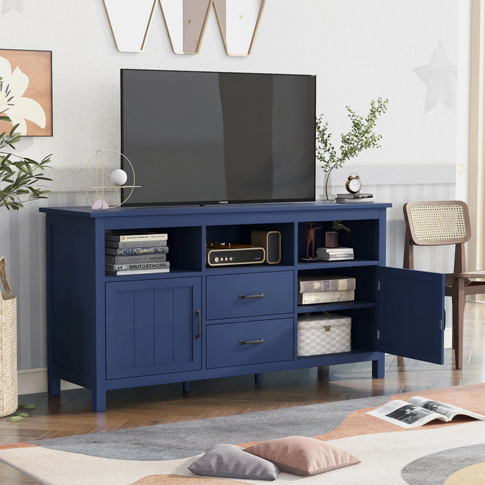 Navy TV Stand: Stylish Cabinet for up to 68" TV, 2 Doors, 2 Drawers - Modern Open Style Sideboard for Living Room