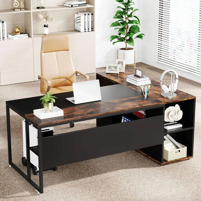 71 inch Executive Desk,L Shaped Desk with Cabinet Storage,Executive Office Desk with Shelves,Business Furniture Desk Workstation