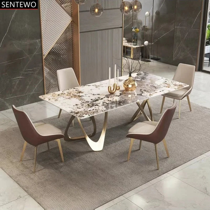 Luxury Marble Dining Table Set 6 8 Chairs Stainless Steel Gold Base Nordic Rock Slab Tables Chair Chaise Comedor 4 Sillas Tablo