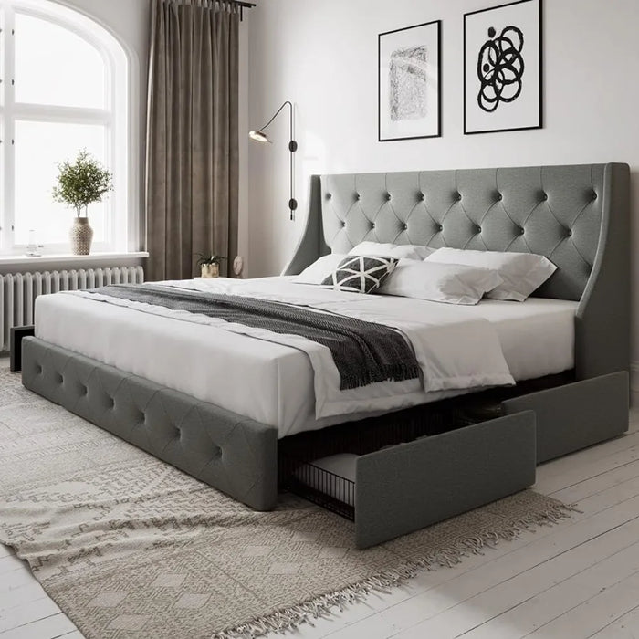 Button-tufted Design Queen Bed Frame With 4 Storage Drawers and Wingback Headboard No Box Spring Required Bedroom Furniture Base