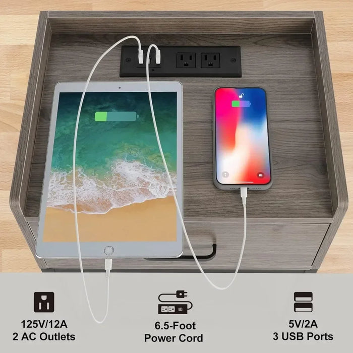 Nightstand with Charging Station 2-Tier, Side Tables Bedroom with Drawer Small, Bedside Table with USB Ports and Outlets