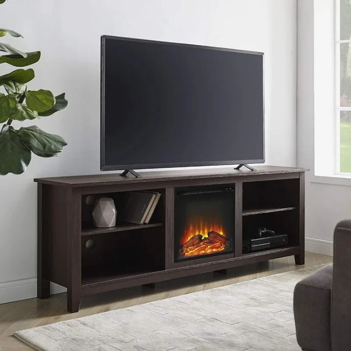Walker Edison Wren Classic 4 Cubby Fireplace TV Stand for TVs up to 80 Inches, 70 Inch, Espresso, TV Mount Stands