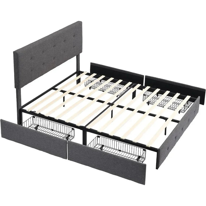Upholstered Bed Frame Queen Size with 4 Storage Drawers and Button Tufted Headboard, Comfort Adjustable Mattress Height