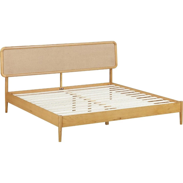 Bed Frame, Solid Oak Base with Silent Slats and Wooden Central Support, Wooden Bed Frame with Headboard