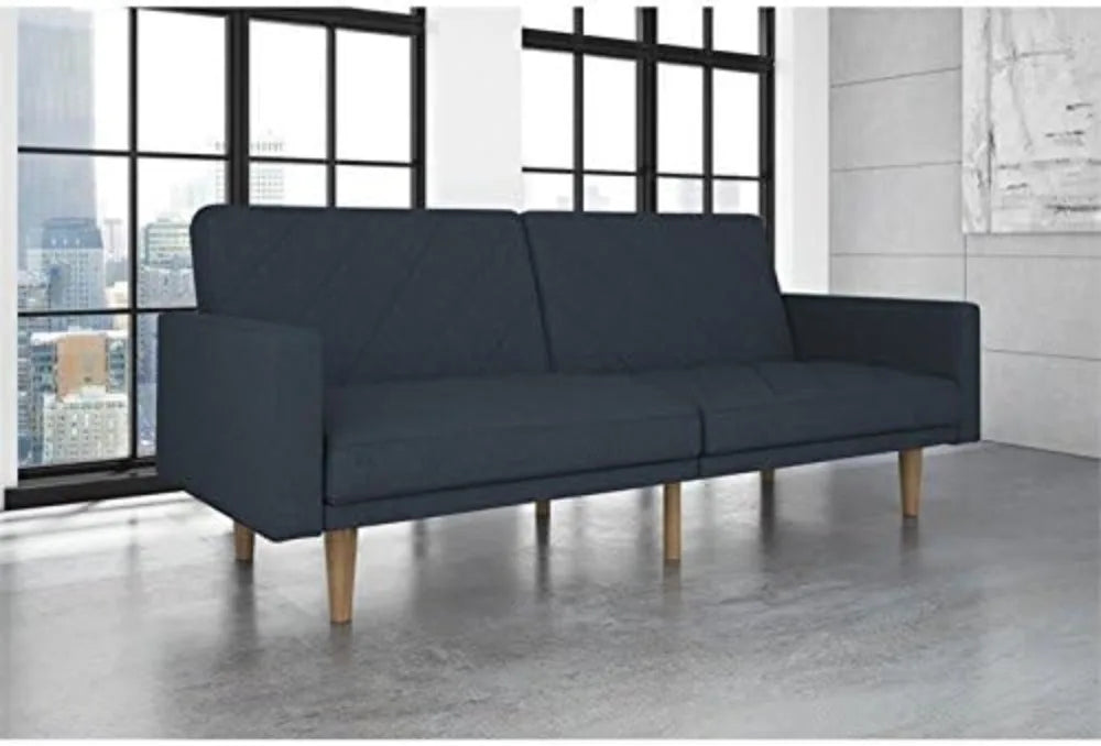 Convertible Futon Couch Bed with Linen Upholstery and Wood Legs - Navy Blue, Modern/Contemporary